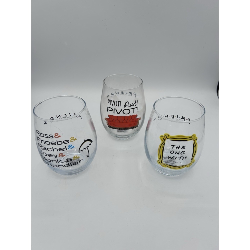 Friends TV Show Stemless Wine Glasses Set of 3 Quotes and Illustrations